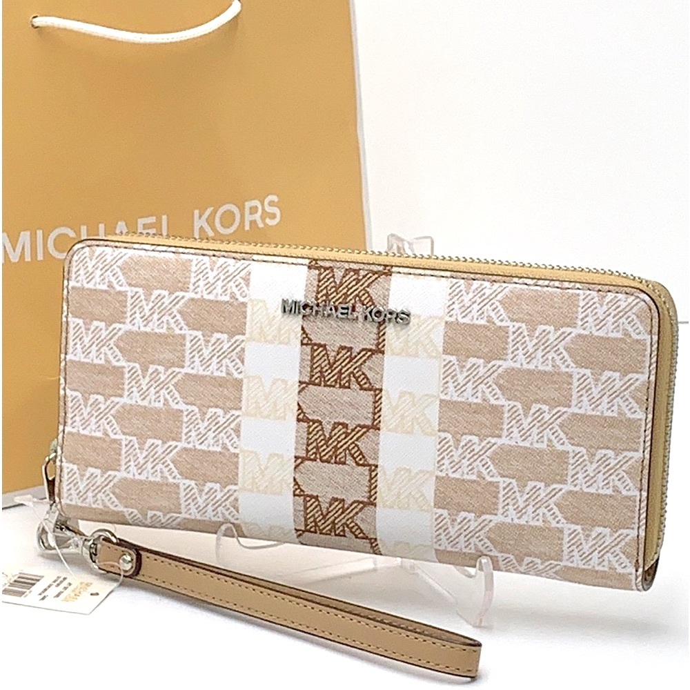 MICHAEL KORS LARGE TRAVEL CONTINENTAL WRISTLET WALLET CAMEL MULTI NWT